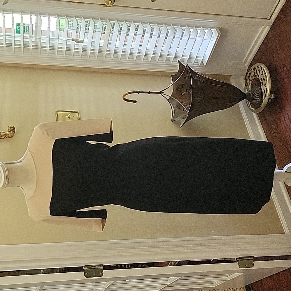 DKNY cream black fitted dress short sleeve fully lined Hidden zipper sz 0 EUC …